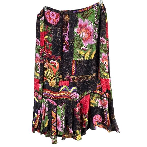 Chicos Silk Skirt Size Large Black Floral Patchwork Pull On Asymmetric Boho Chic - Picture 3 of 10